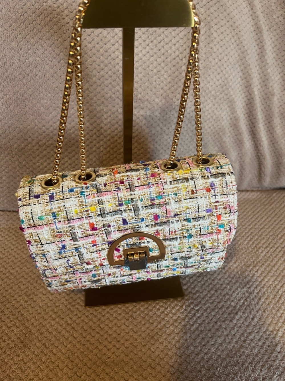 Textured Multicolor Tweed Shoulder Bag with Gold Chain New Without Tags